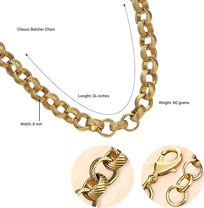 8mm Gold Line Pattern Classic Belcher Chain Necklace