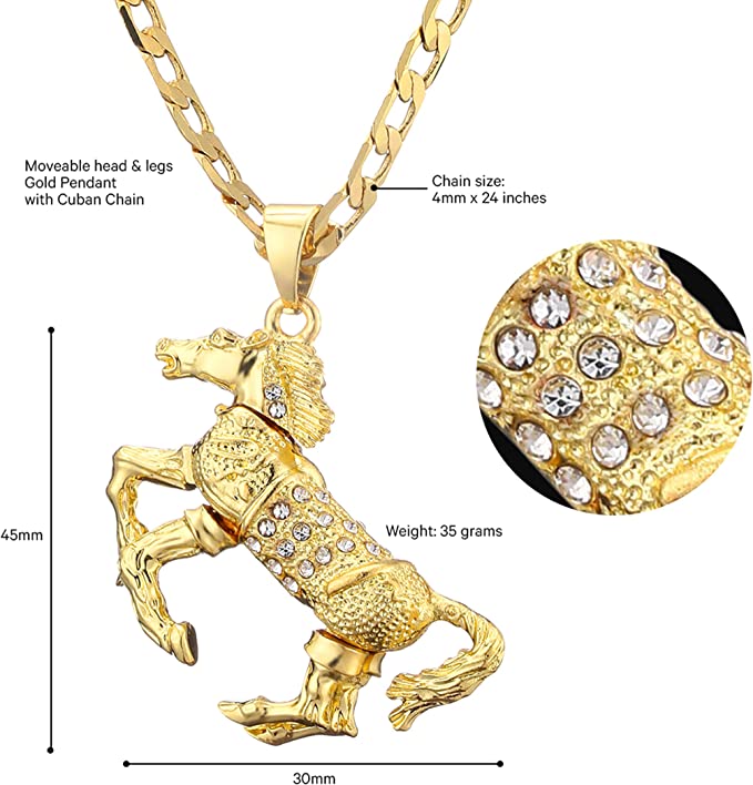 Gold Horse Pendant with Cuban Curb Chain Necklace - Clear Stones