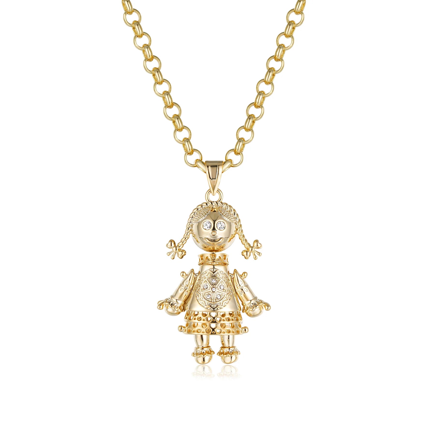 Gold Large 3D Ragdoll Pendant with Belcher Chain Necklace - White Stones