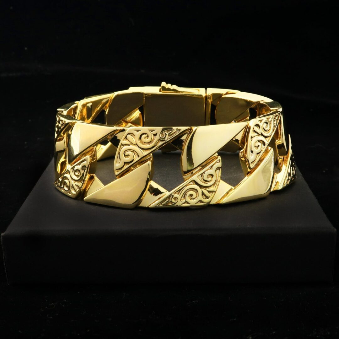Heavy XXL 24mm Gold Ornate Etched Square Cuban Curb Bracelet