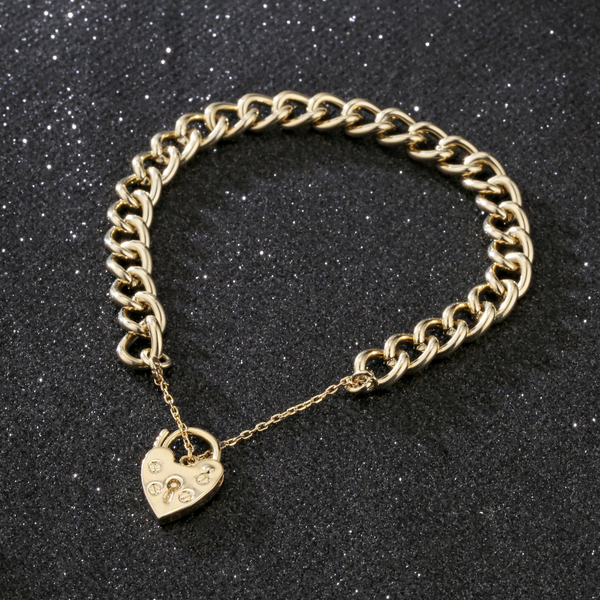 7mm Gold Heart Padlock Curb Bracelet - Adjustable