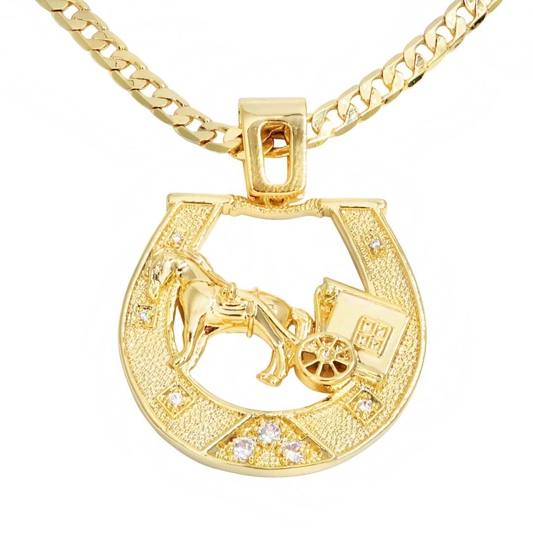Large Gold Horseshoe Caravan Pendant with Cuban Chain