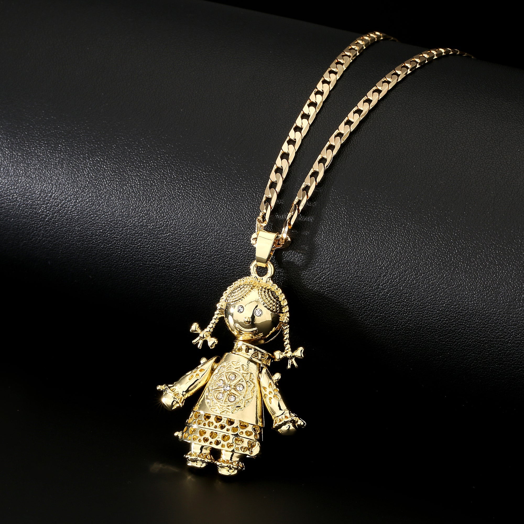 Gold Large 3D Ragdoll Pendant with Cuban Curb Chain Necklace - White Stones