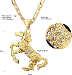 Gold Horse Pendant with Cuban Curb Chain Necklace - Clear Stones