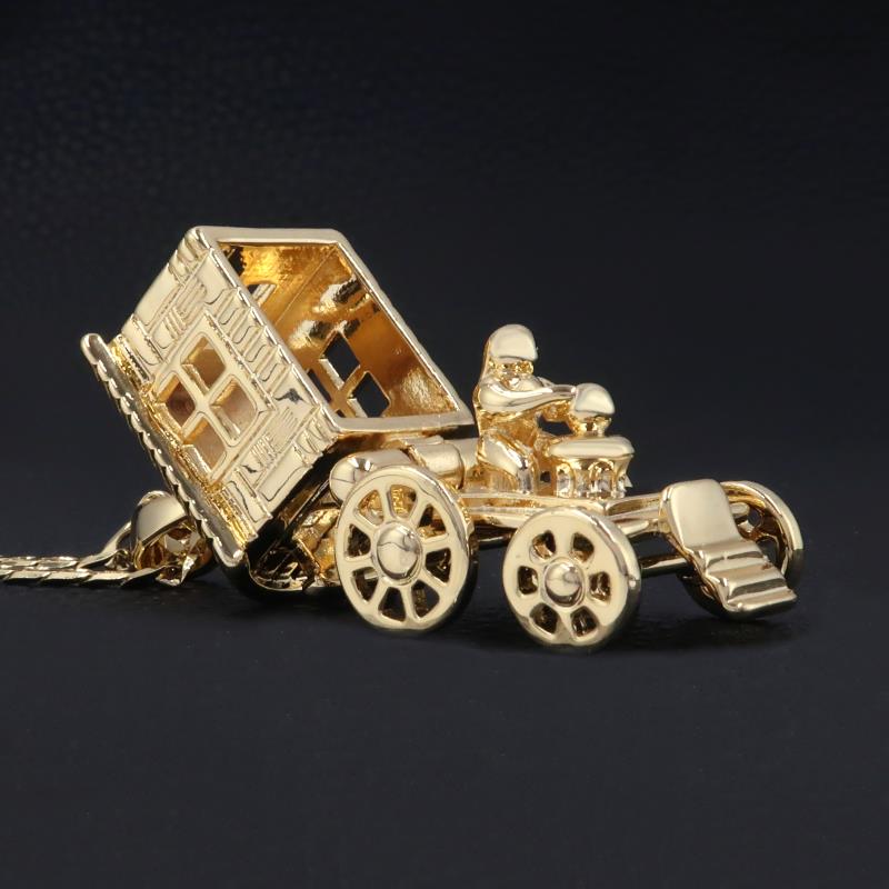 Gold Gypsy Caravan Wagon 3D Pendant with Cuban Curb Chain Necklace