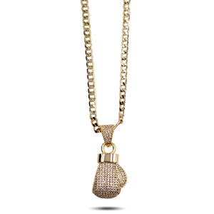 Gold Crystal Boxing Glove Pendant WIth Cuban Curb Chain Necklace