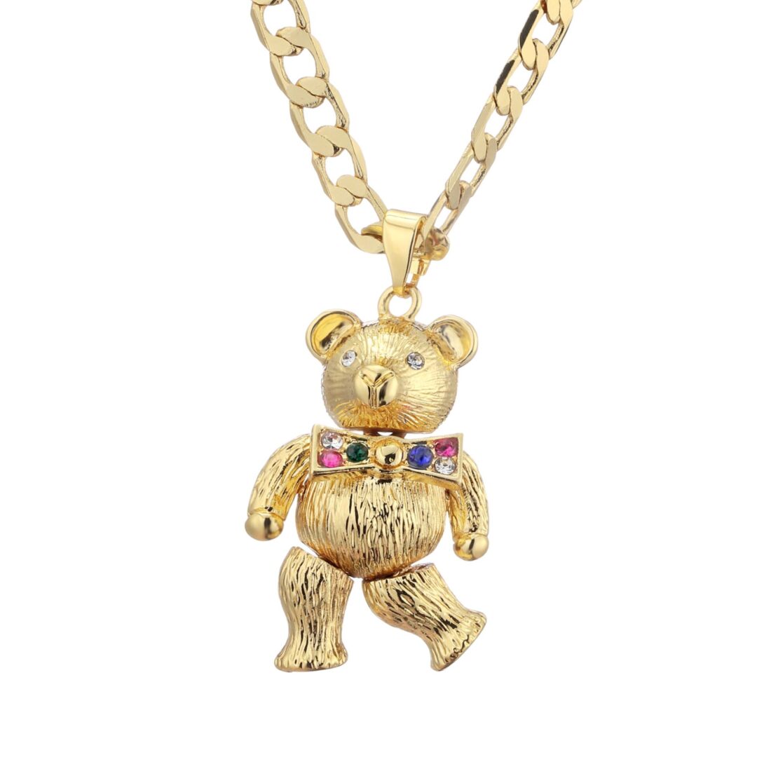 Gold Teddy Bear Pendant with Cuban Curb Chain Necklace