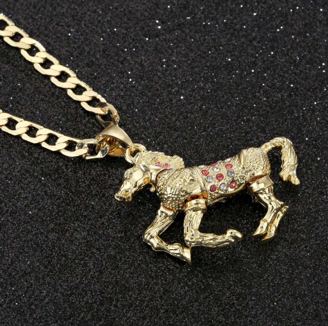 Gold Horse Pendant with Cuban Curb Chain Necklace - Pink Stones