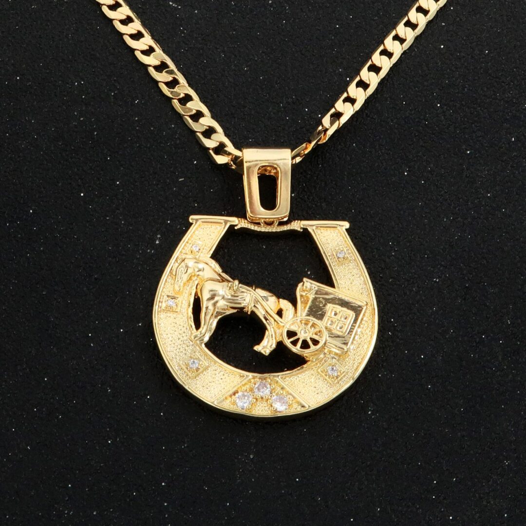 Large Gold Horseshoe Caravan Pendant with Cuban Chain