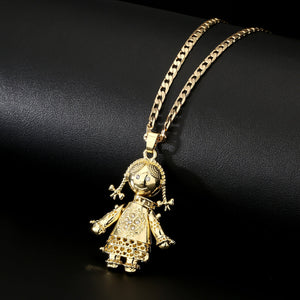 Gold Large 3D Ragdoll Pendant with Cuban Curb Chain Necklace - White Stones