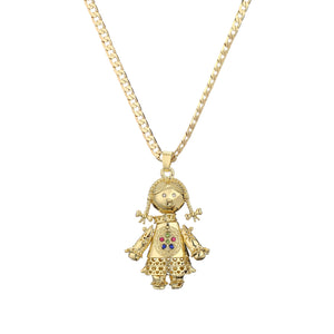 Gold Large 3D Ragdoll Pendant with Cuban Curb Chain Necklace - Multicoloured Stones