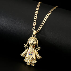 Gold Large 3D Ragdoll Pendant with Cuban Curb Chain Necklace - Multicoloured Stones