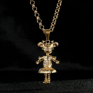 3D Gold Angelica Naughty Girl Doll Pendant With Cuban Chain Necklace