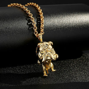 Gold British Bulldog Pendant With Cuban Chain Necklace