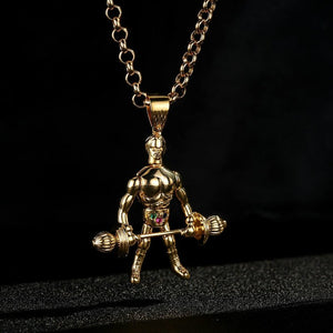 Large Gold Articulated Weightlifter Pendant With Belcher Chain Necklace