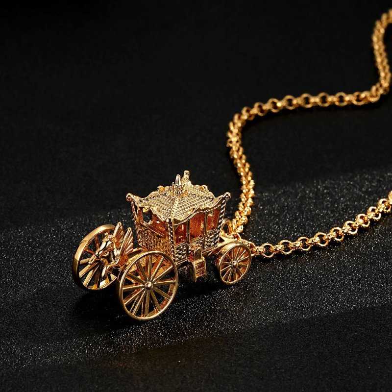 3D Gold Princess Carriage Pendant With Cuban Chain Necklace