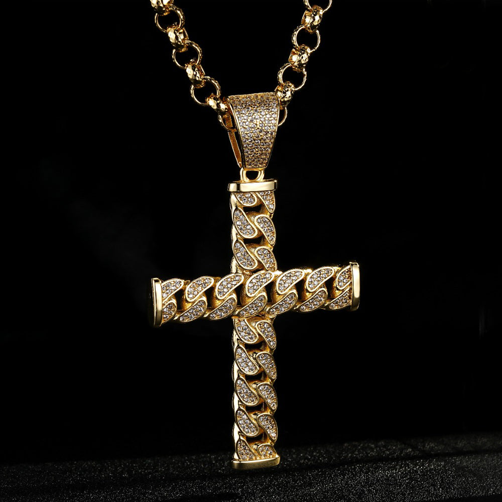 XL Gold Cross Pendant with 8mm Belcher Chain Necklace