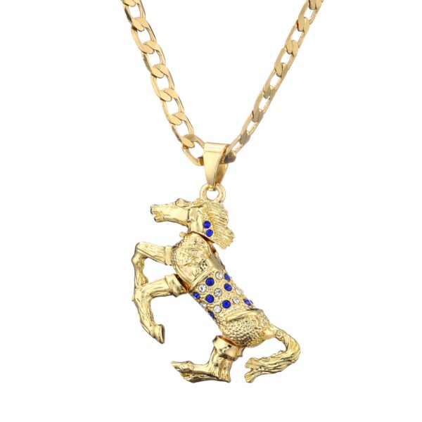 Gold Horse Pendant with Cuban Curb Chain Necklace - Blue Stones