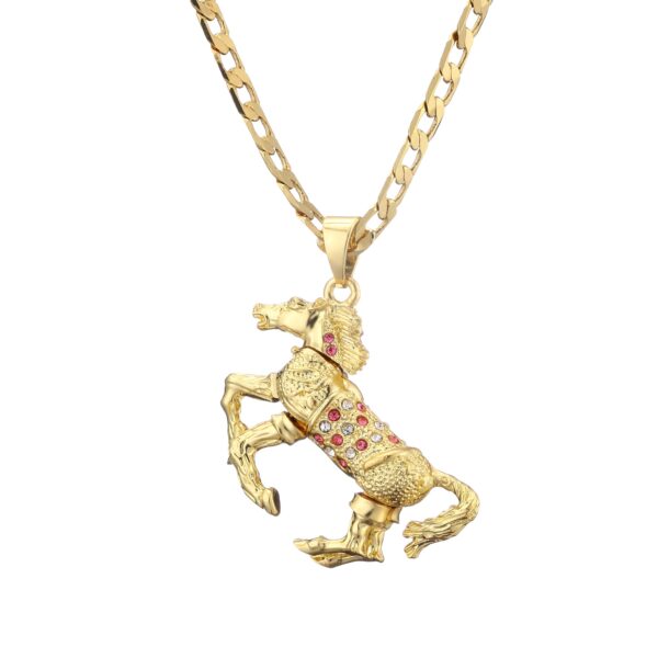 Gold Horse Pendant with Cuban Curb Chain Necklace - Pink Stones