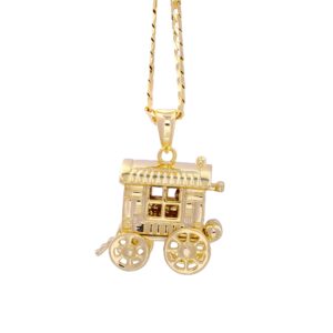 Gold Gypsy Caravan Wagon 3D Pendant with Cuban Curb Chain Necklace