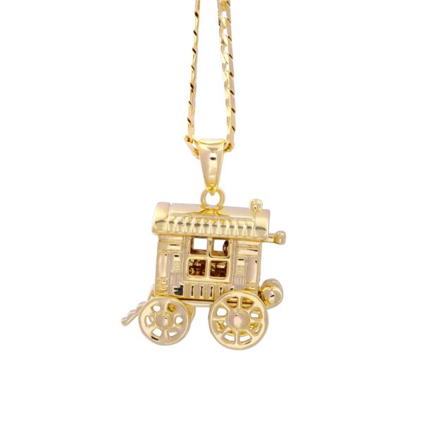 Gold Gypsy Caravan Wagon 3D Pendant with Cuban Curb Chain Necklace