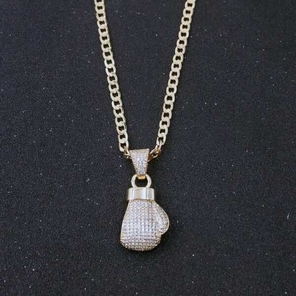 Gold Crystal Boxing Glove Pendant WIth Cuban Curb Chain Necklace