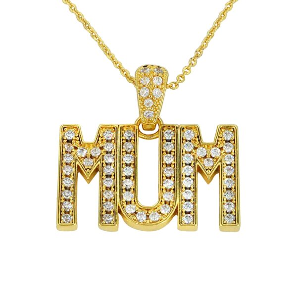 Large Gold MUM Crystal Pendant With Cuban Curb Chain Necklace