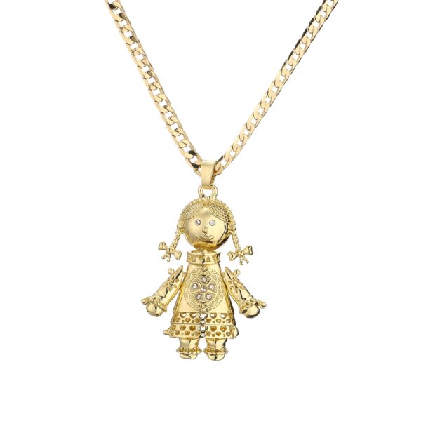 Gold Large 3D Ragdoll Pendant with Cuban Curb Chain Necklace - White Stones
