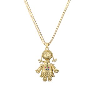 Gold Large 3D Ragdoll Pendant with Cuban Curb Chain Necklace - Multicoloured Stones